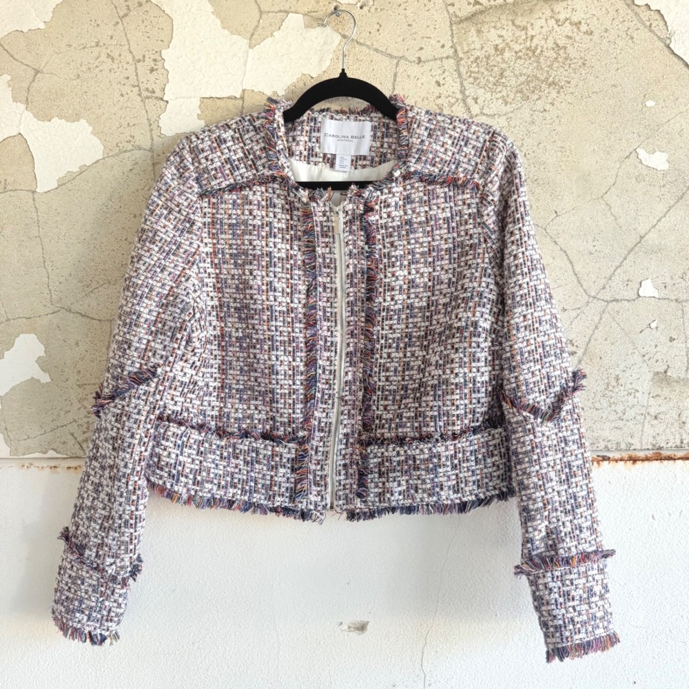 Tweed Jacket Cropped Blazer Carolina Belle Montreal Fringe Trim Zip Up Large